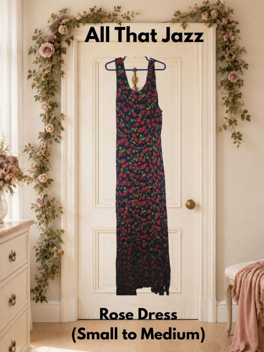 All That Jazz Vintage Black & Red Rose Maxi Dress Women's Small Juniors 14-16